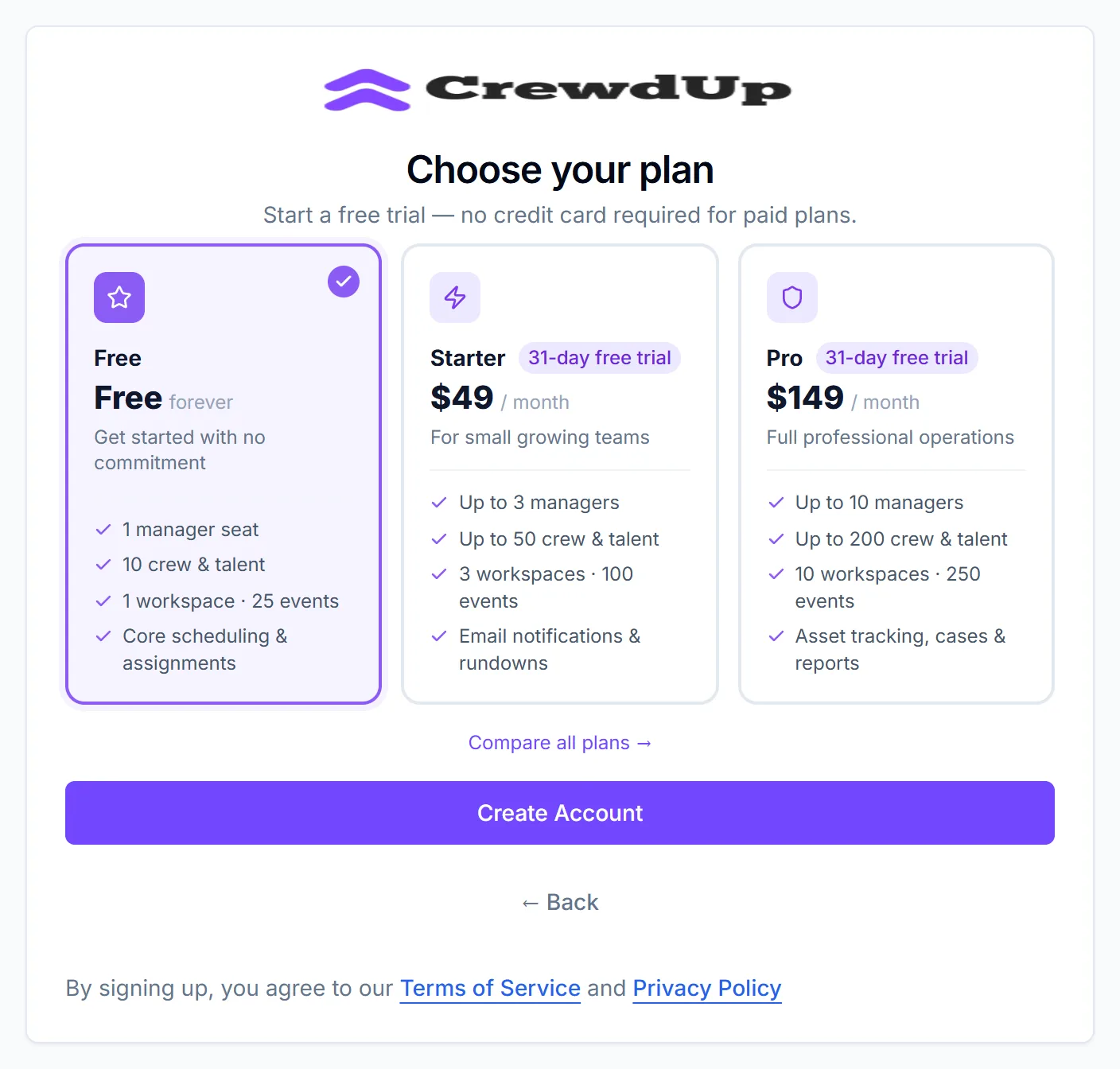 Choose your plan step with the Free, Starter and Pro cards, 31-day free trial badges on Starter and Pro, and Free selected