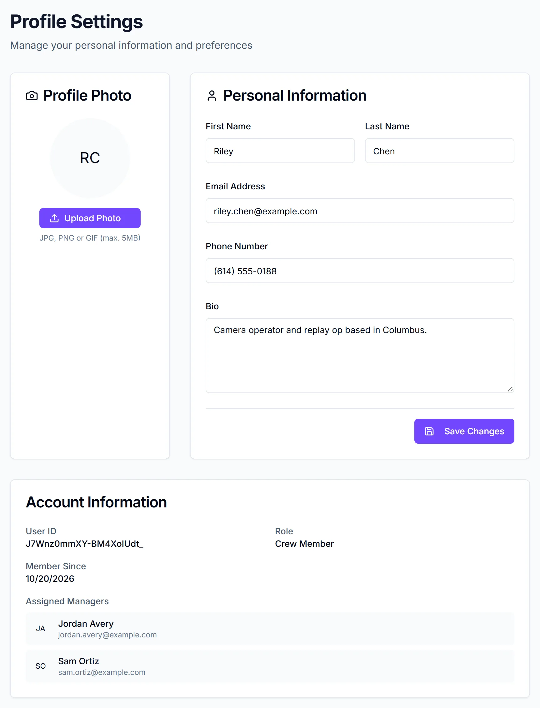Profile Settings page with the Profile Photo card, the Personal Information form and the Account Information card with Role and Assigned Managers
