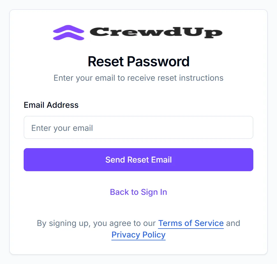 Reset Password card with the Email Address field, the Send Reset Email button and the Back to Sign In link