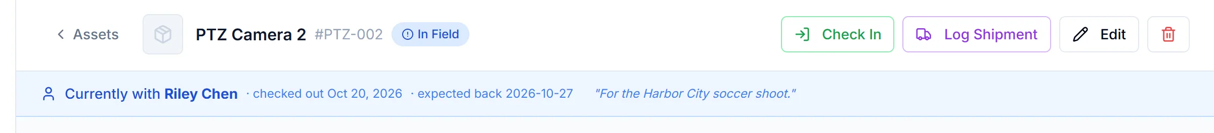 Asset page header with the Check In button and the Currently with banner showing who has it and when it is due back