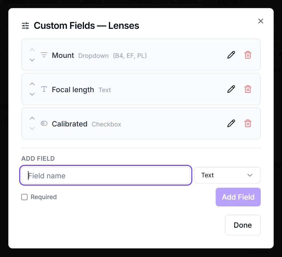 Custom Fields dialog for Lenses with Mount, Focal length and Calibrated fields and the Add Field row