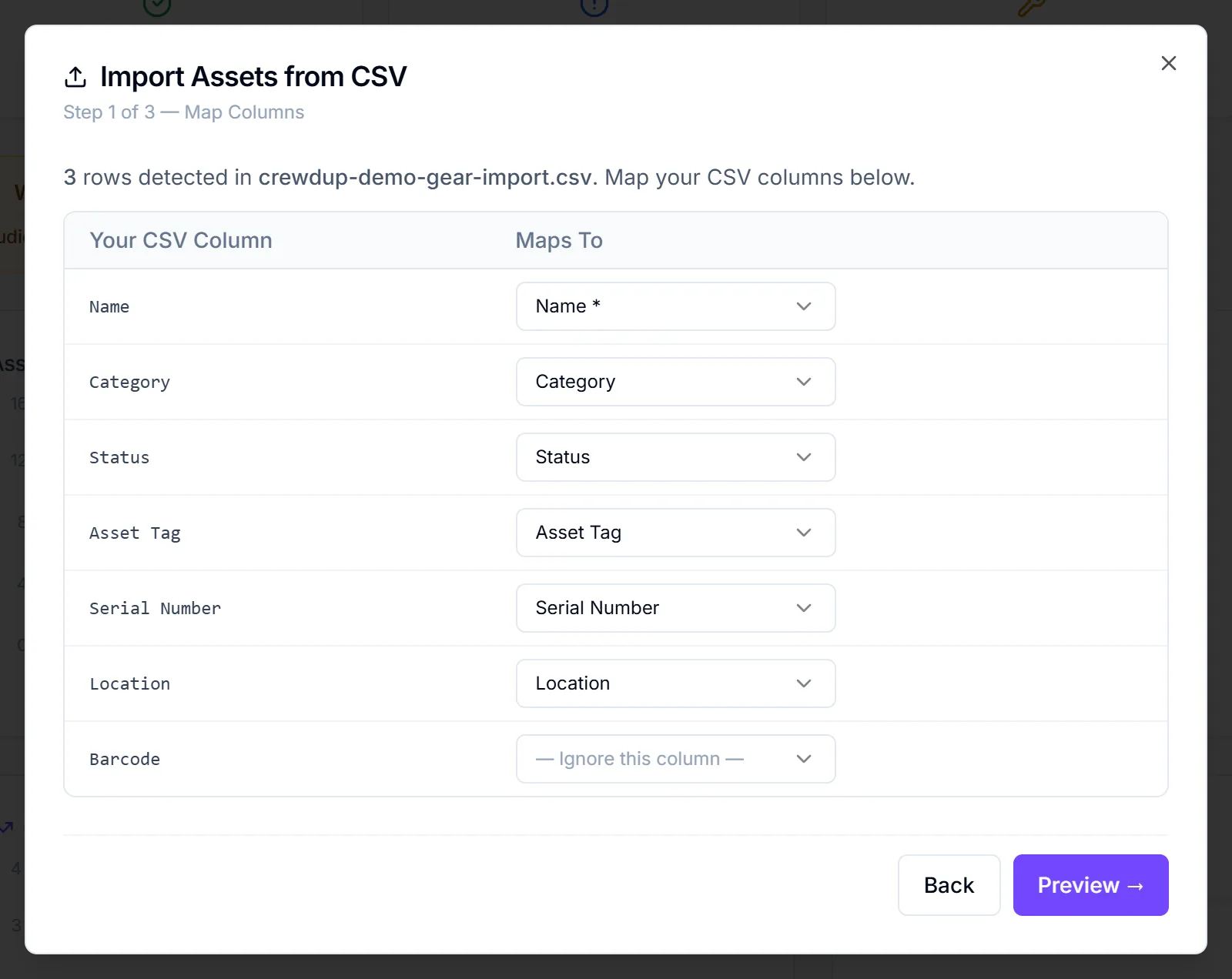 Import Assets from CSV dialog on the Map Columns step, with six columns mapped and Barcode ignored