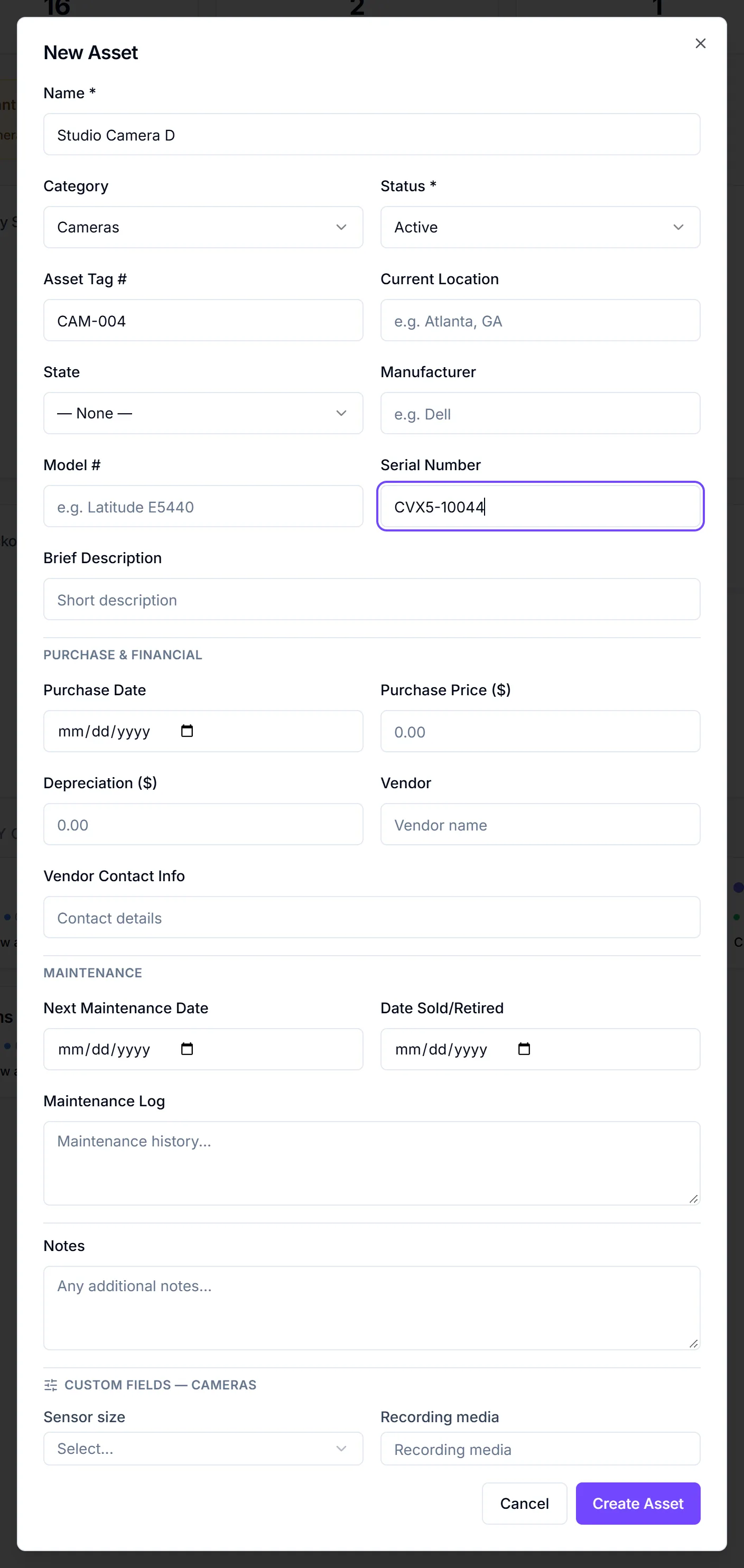 New Asset dialog for a Cameras asset with the tag and serial number filled in and the Custom Fields section at the bottom