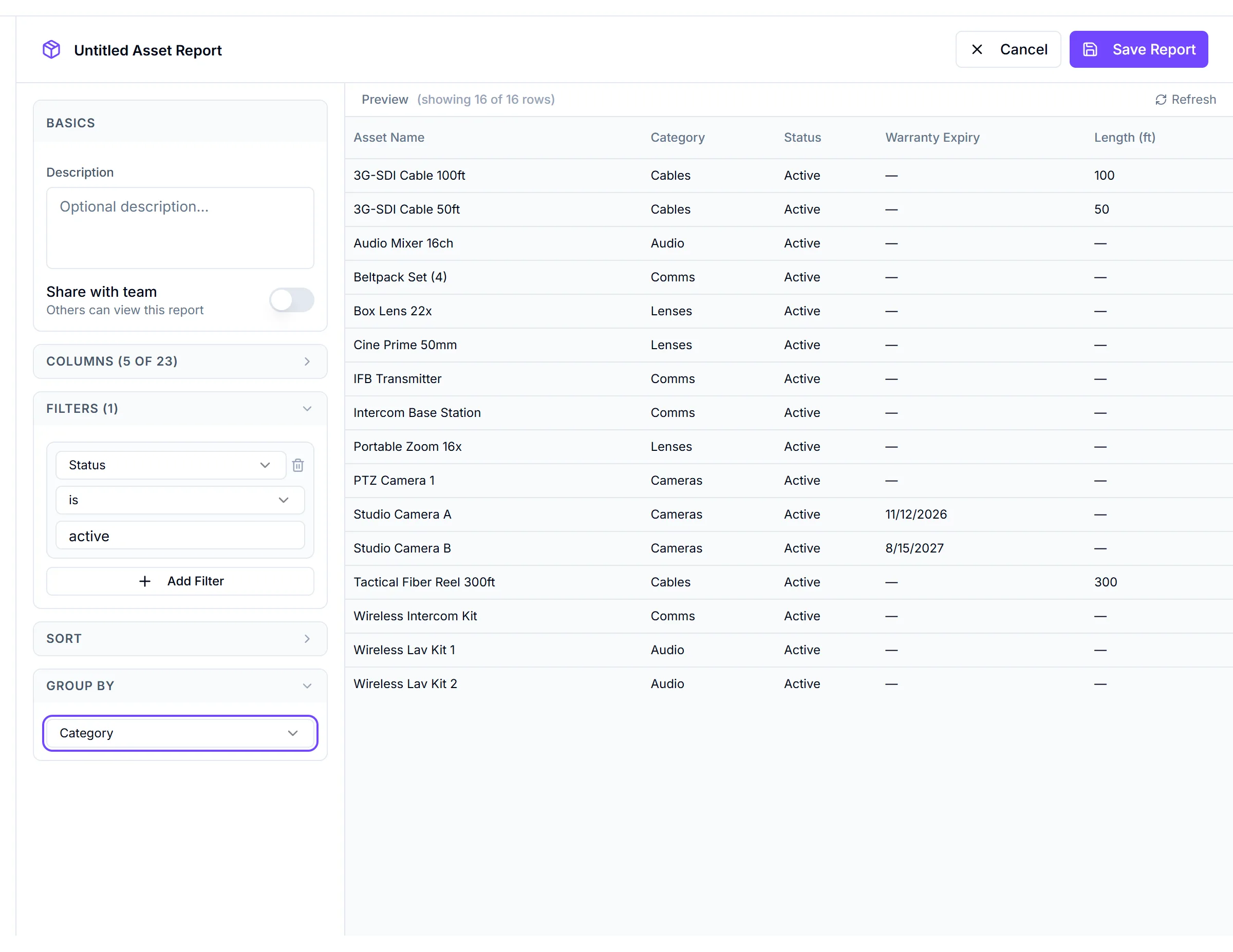 Asset report builder with a Status filter, grouping by Category, and Warranty Expiry and a custom field in the preview