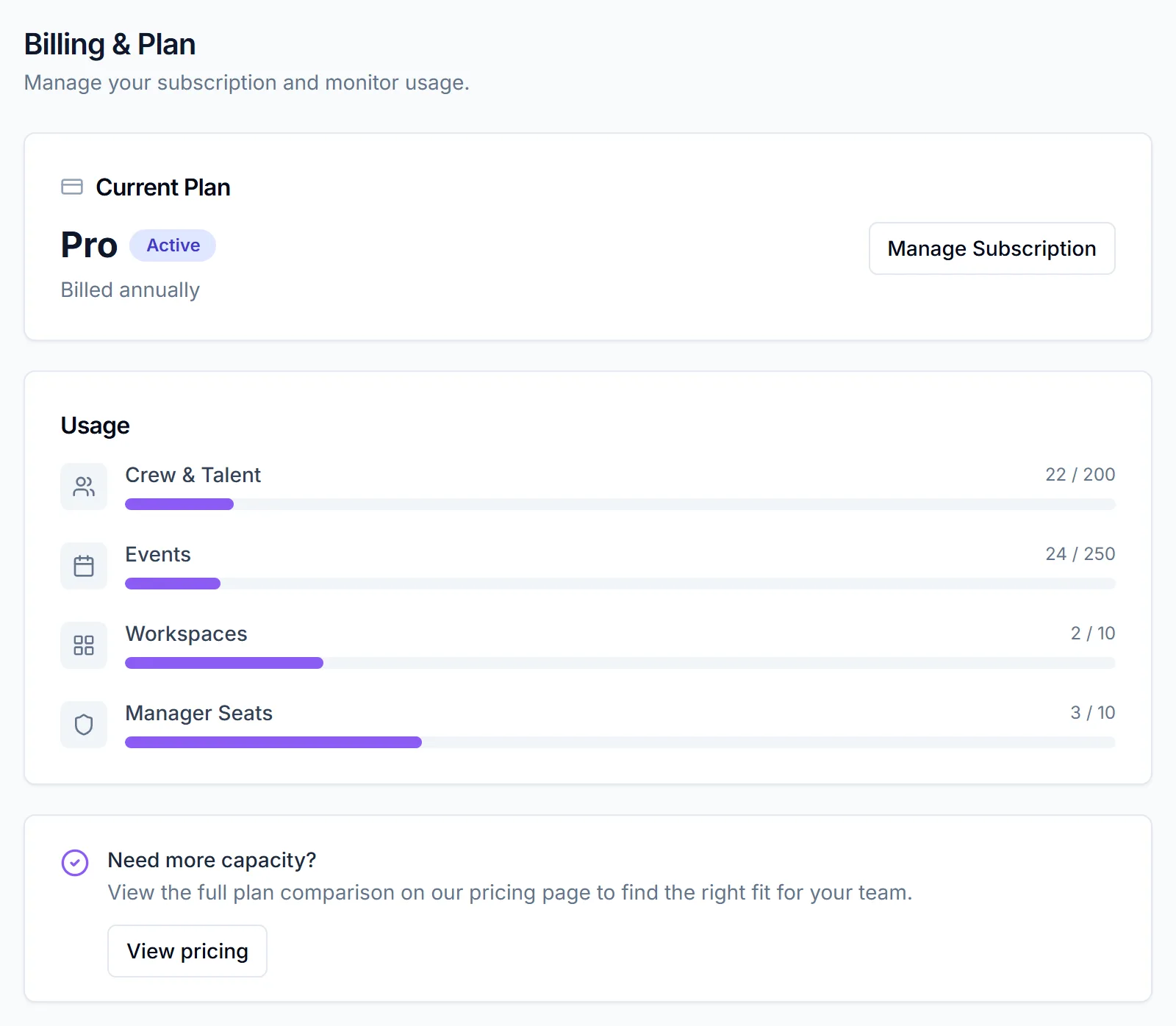 Billing & Plan page on Pro, with the Current Plan card, the Usage bars and Need more capacity?