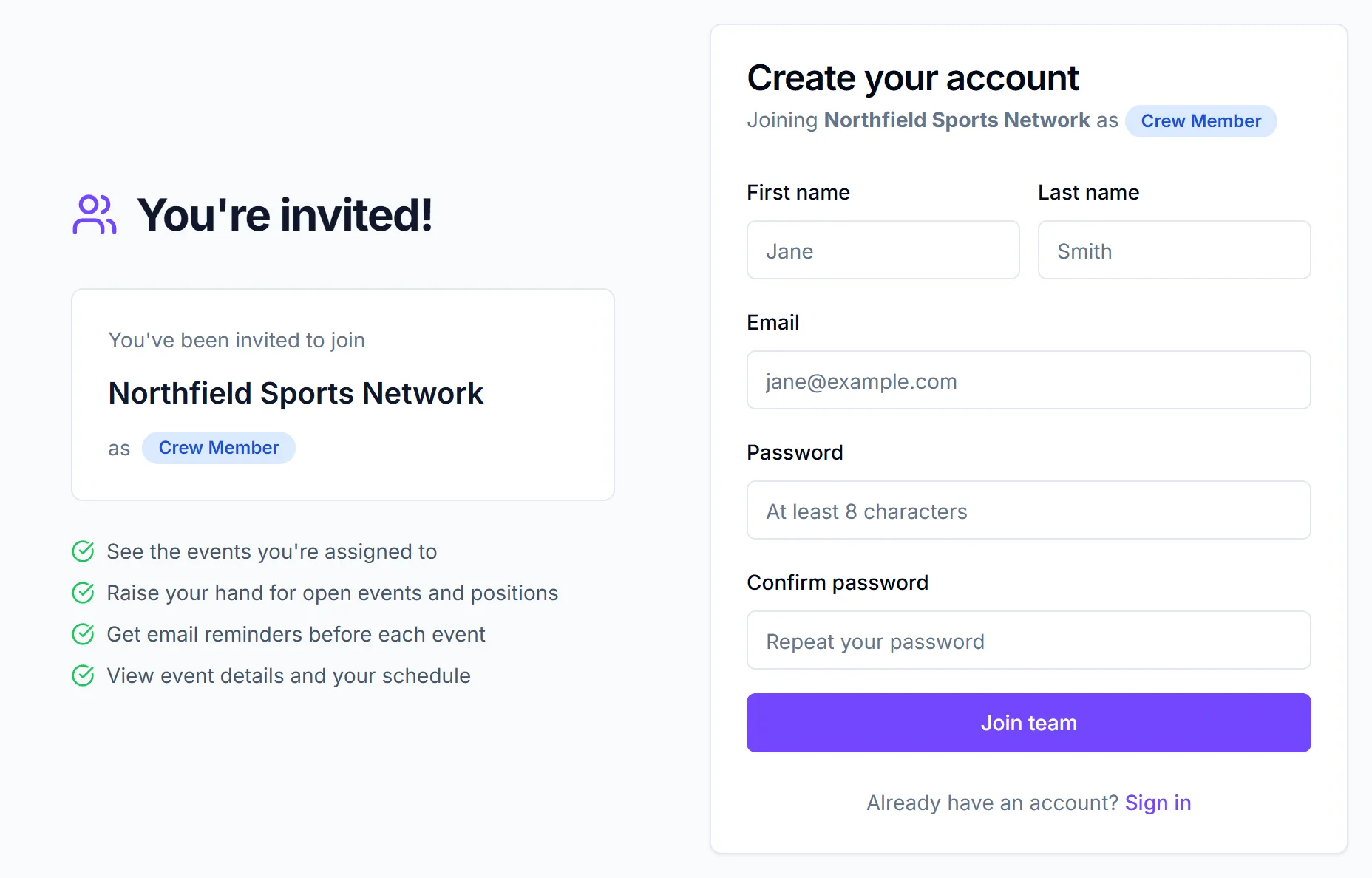 Join page with the You're invited! panel naming the team and role, next to the Create your account form