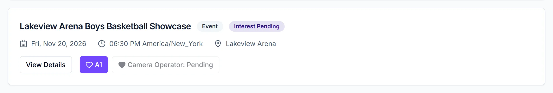 Crew event card with an open A1 button and a greyed-out Camera Operator: Pending button