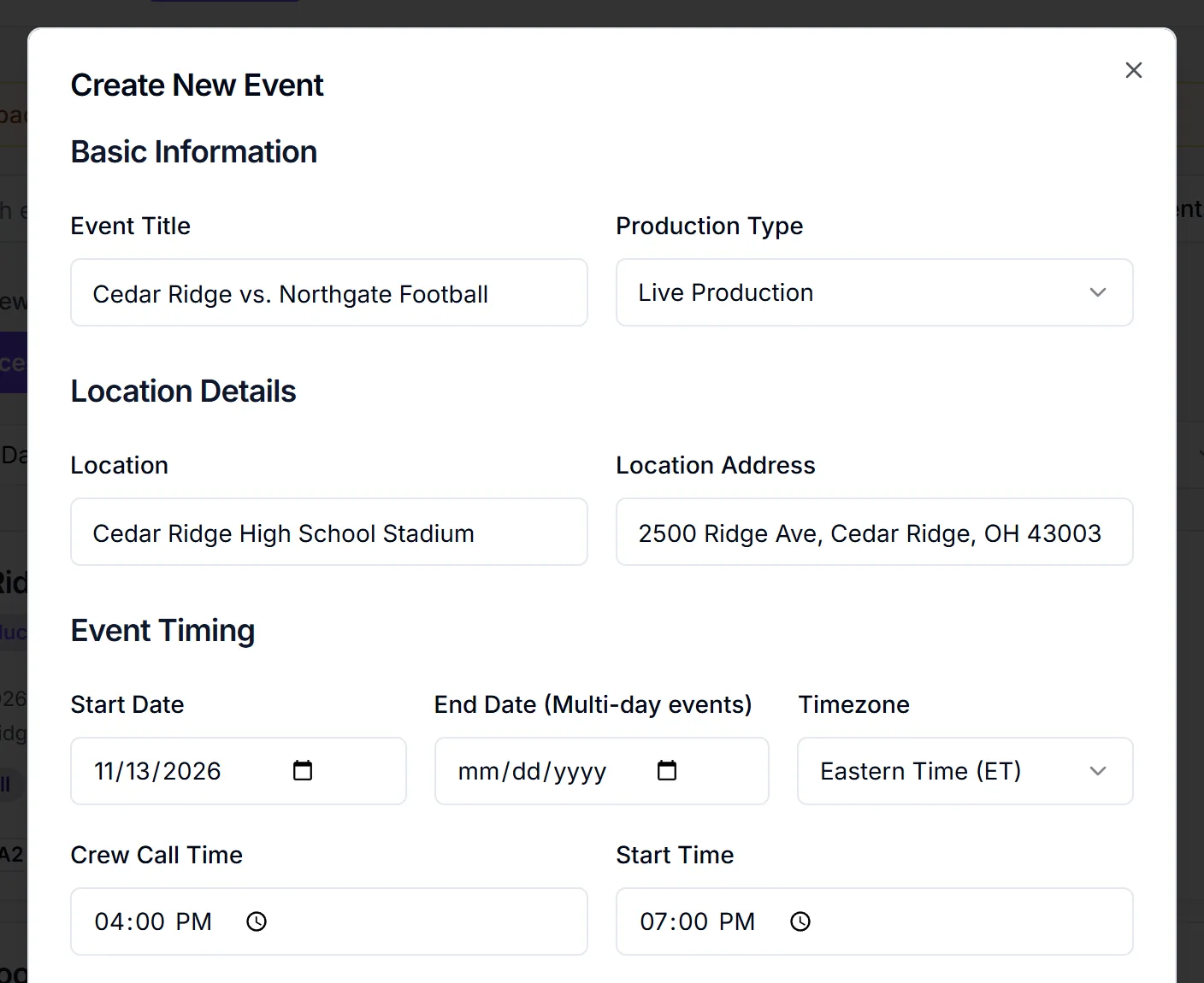 Create New Event form with Basic Information, Location Details and Event Timing filled in for a sample game