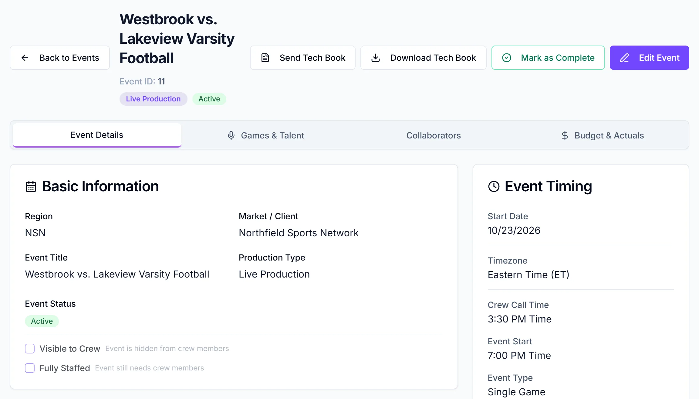 Event page header with Edit Event and Mark as Complete, above the Basic Information and Event Timing cards