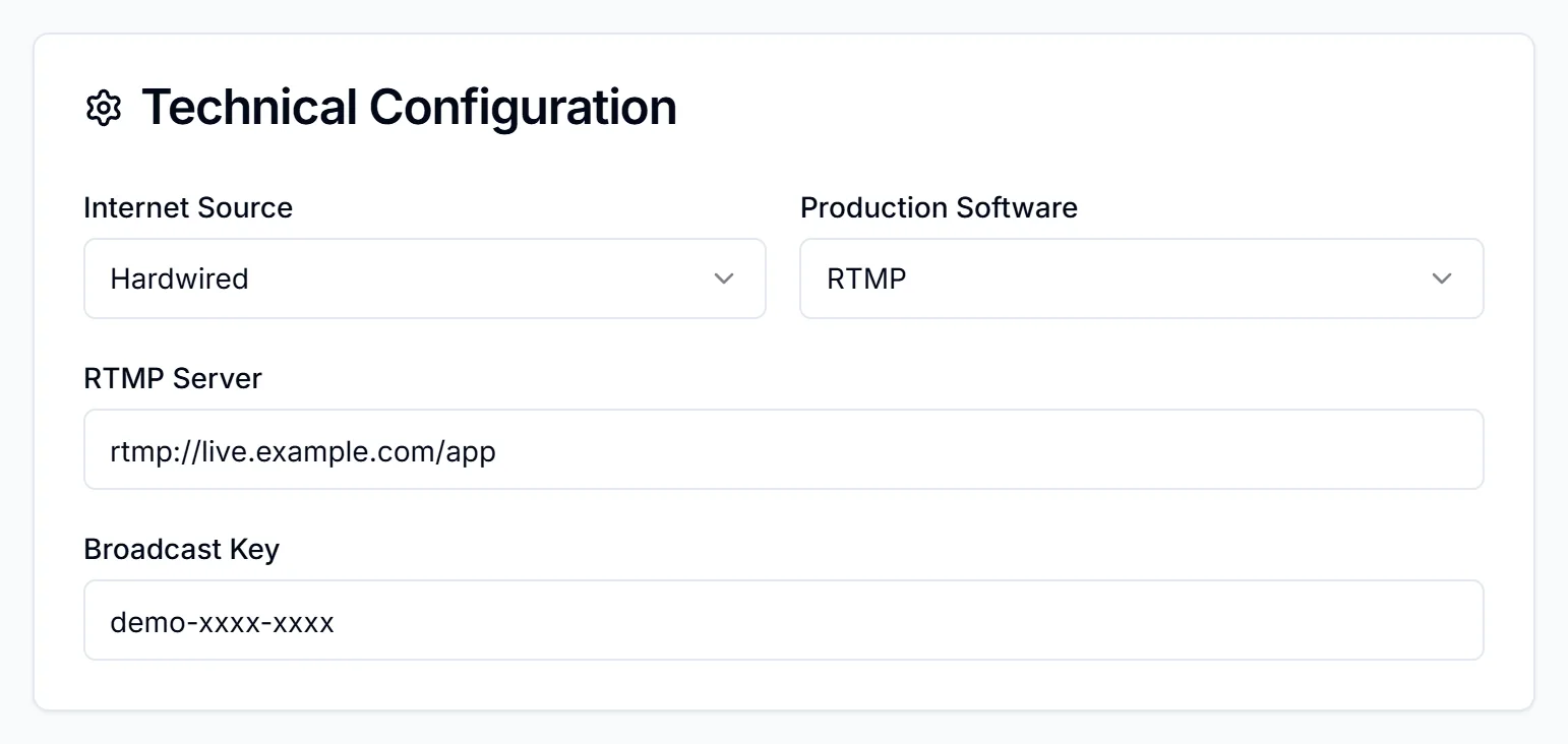Technical Configuration card in edit mode with Production Software set to RTMP, showing the RTMP Server and Broadcast Key fields