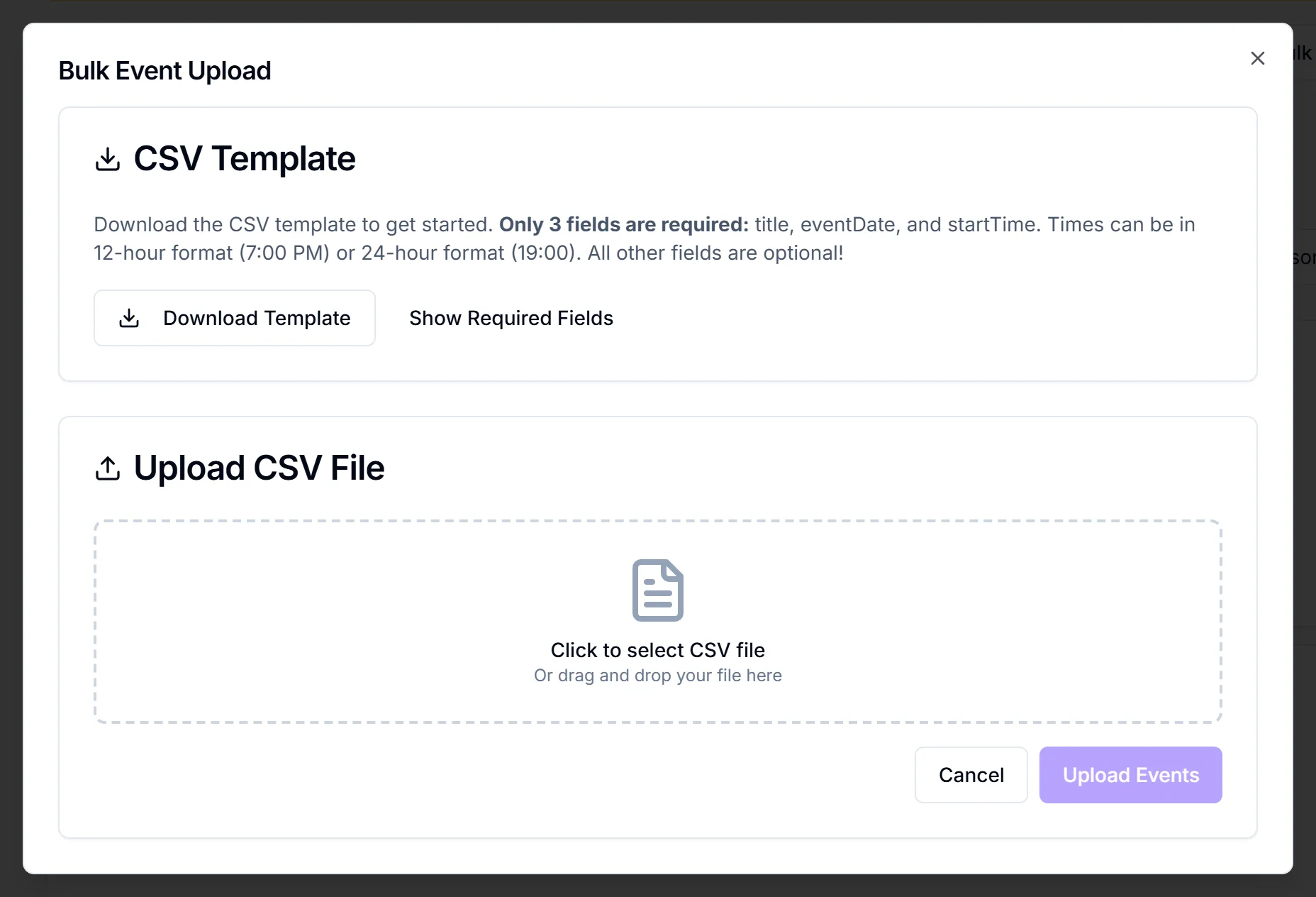 Bulk Event Upload dialog with Download Template, the CSV file picker and the Upload Events button