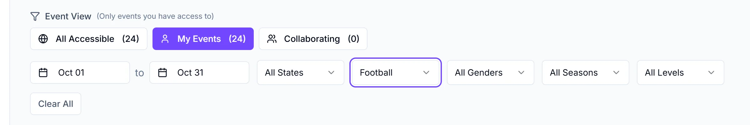 Events filter bar set to My Events, October 1 to 31 and Football, with the Clear All button