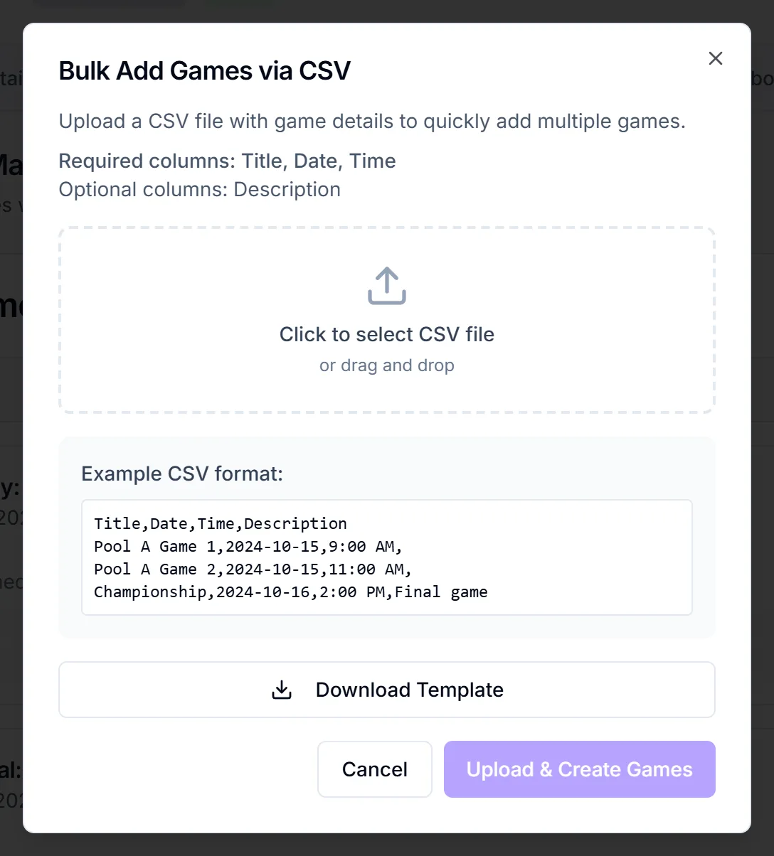 Bulk Add Games via CSV dialog with the required and optional columns, the file picker, Download Template and Upload & Create Games