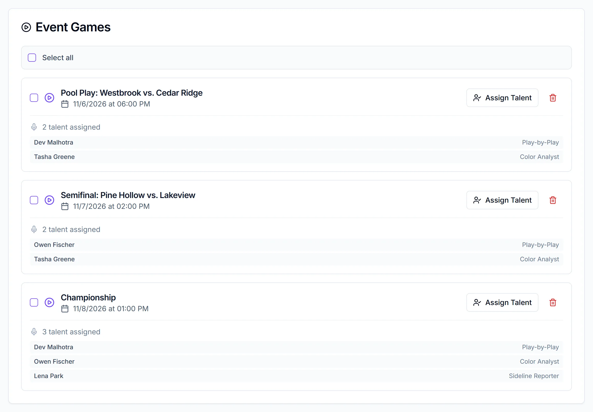 Games & Talent tab on a tournament with three games, each showing its date and time, talent assigned and Assign Talent