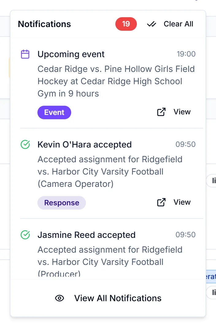Notification bell dropdown with an Upcoming event entry, an accepted response, Clear All and View All Notifications