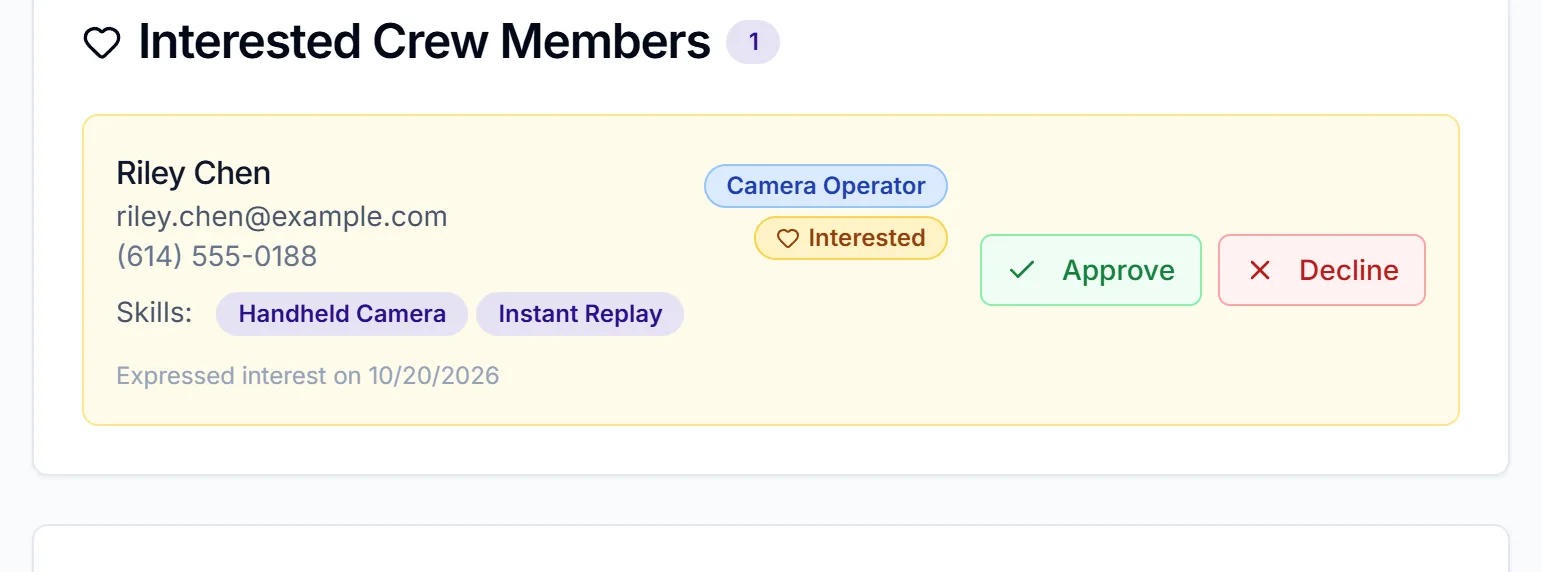 Interested Crew Members card with a Camera Operator request and the Approve and Decline buttons