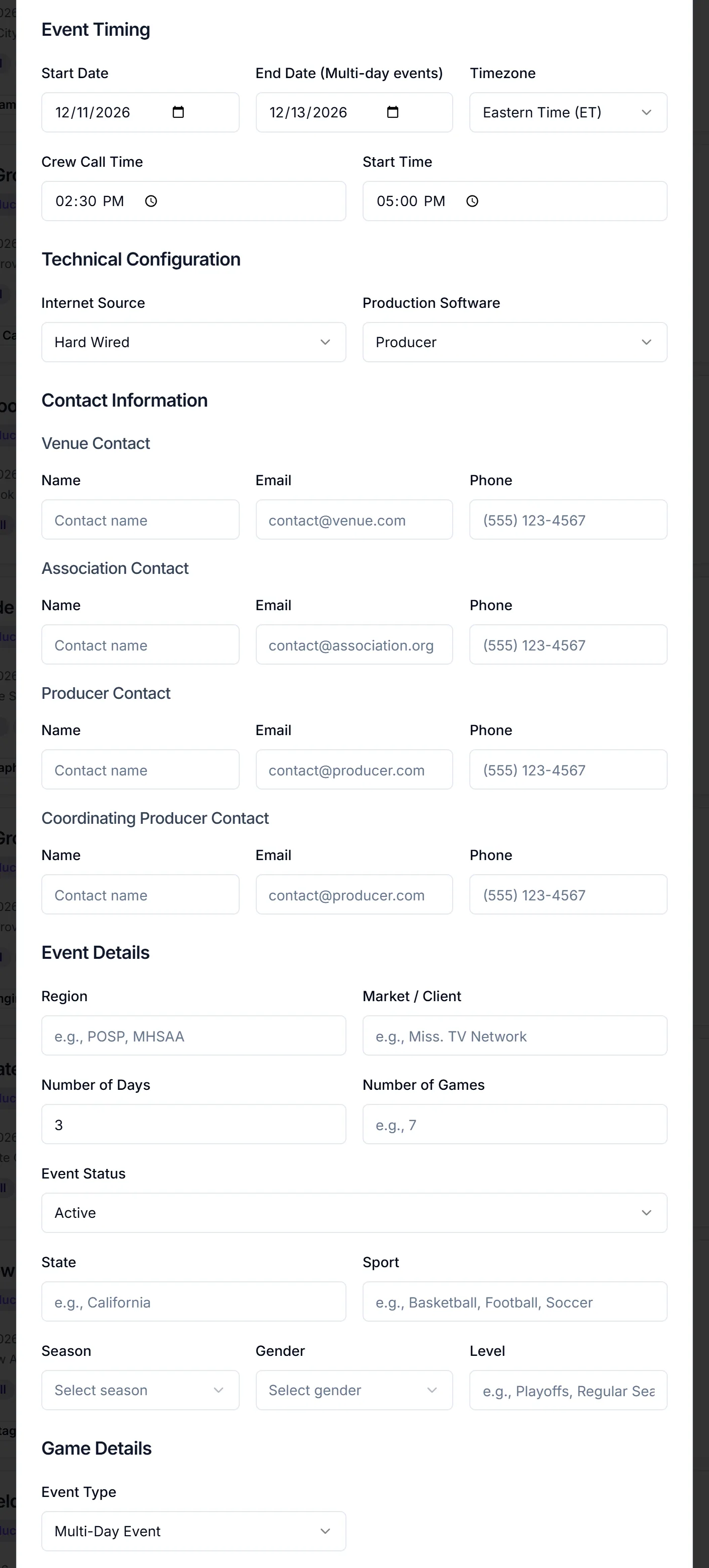 Create New Event form with Start Date and End Date three days apart and Event Type set to Multi-Day Event