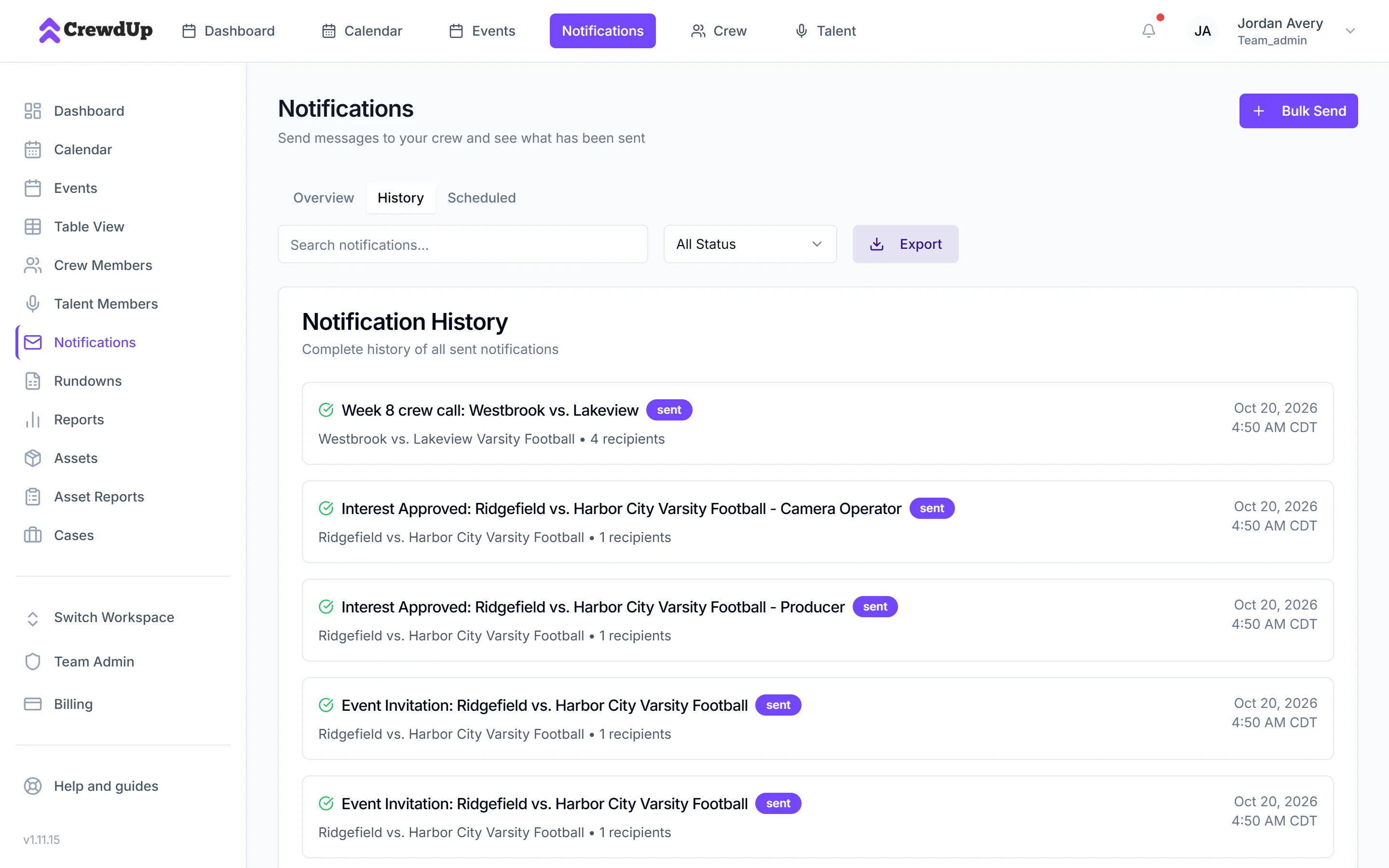 Notifications History tab with a bulk message and invite rows, and the Export button
