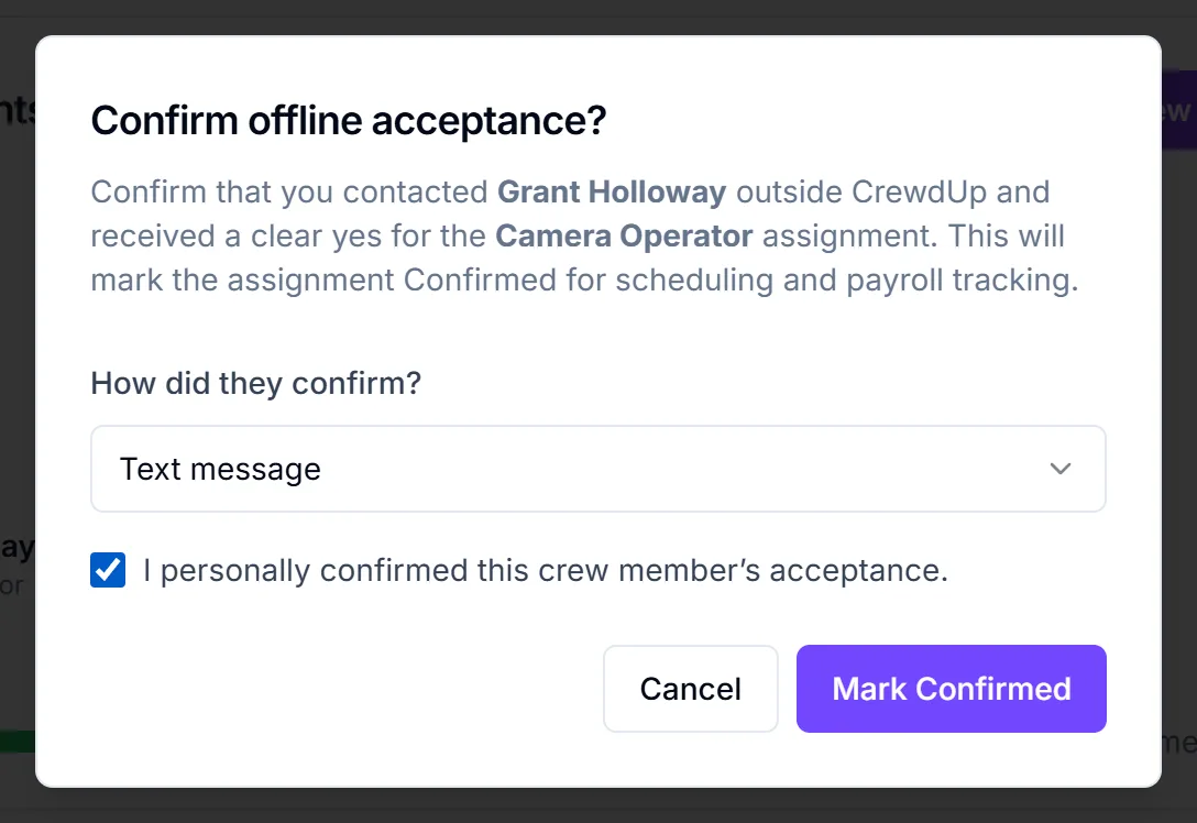 Confirm offline acceptance dialog set to Text message with the confirmation box ticked