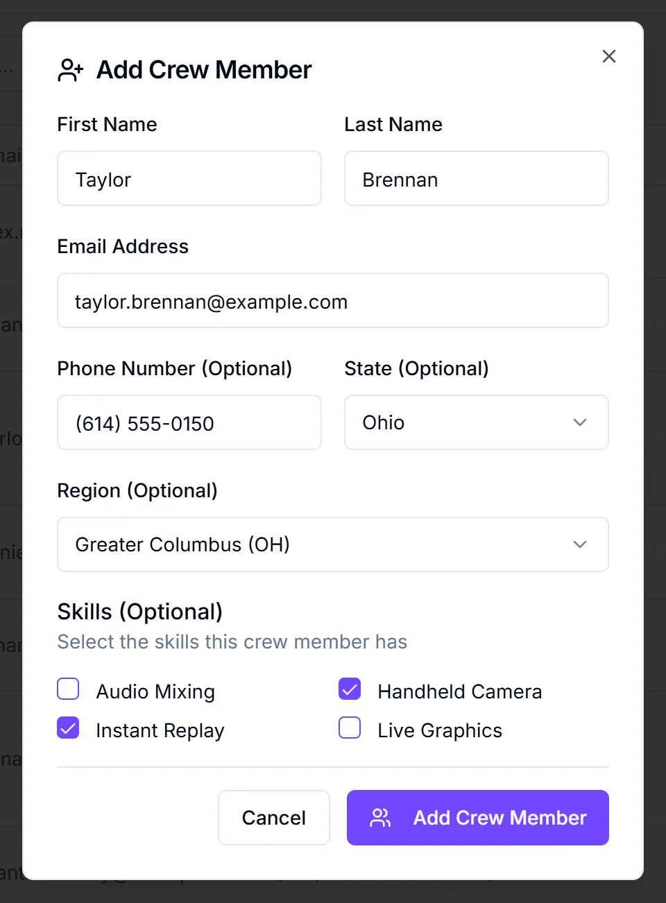 Add Crew Member dialog filled in with Ohio, the Greater Columbus region and two skills ticked