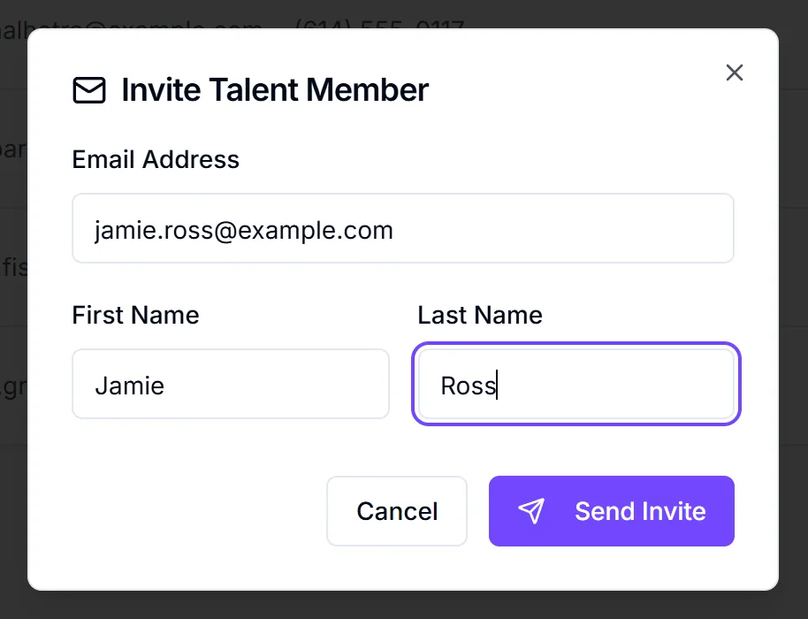 Invite Talent Member dialog with email, first name and last name filled in