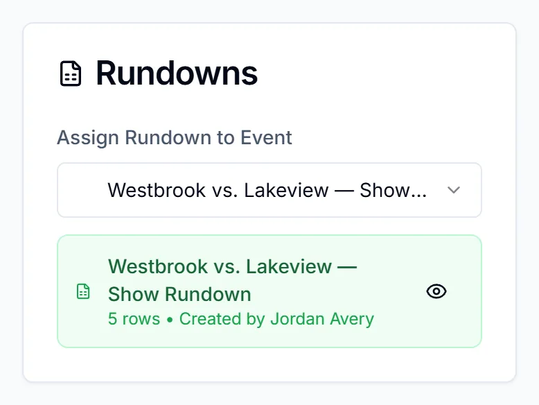 Rundowns card on an event with the linked rundown, its row count, creator and eye icon