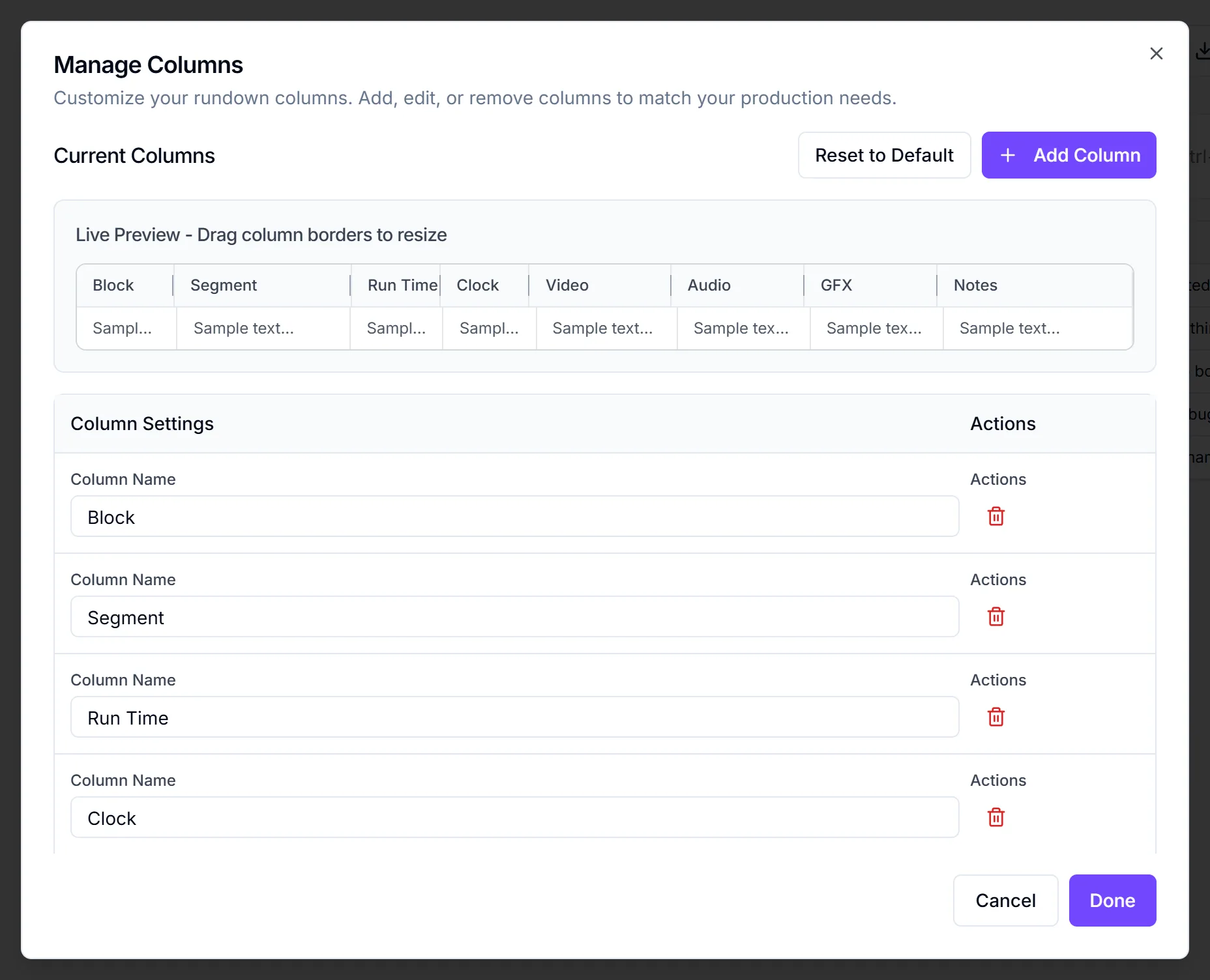 Manage Columns dialog with the renamed columns and the Live Preview strip