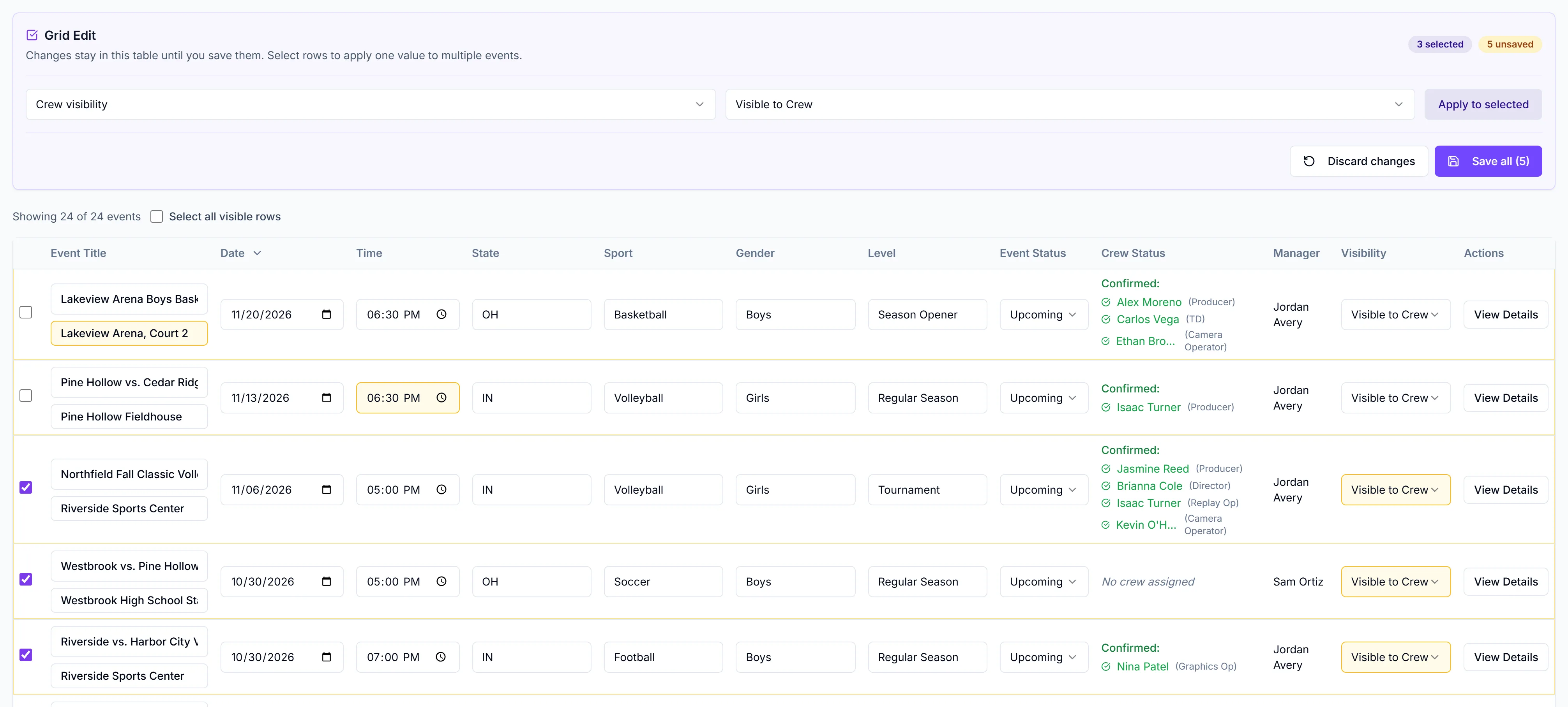 Table View in Grid Edit mode with two changed cells, three rows ticked and set to Visible to Crew, and the Save all (5) button