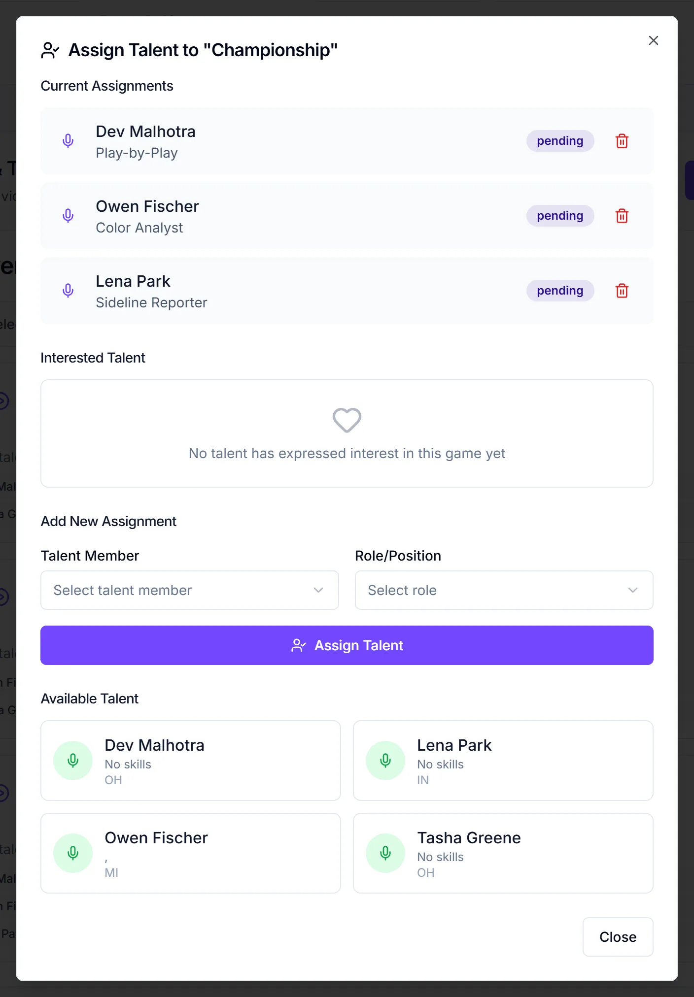 Assign Talent dialog for the Championship game with current assignments and the Talent Member and Role fields