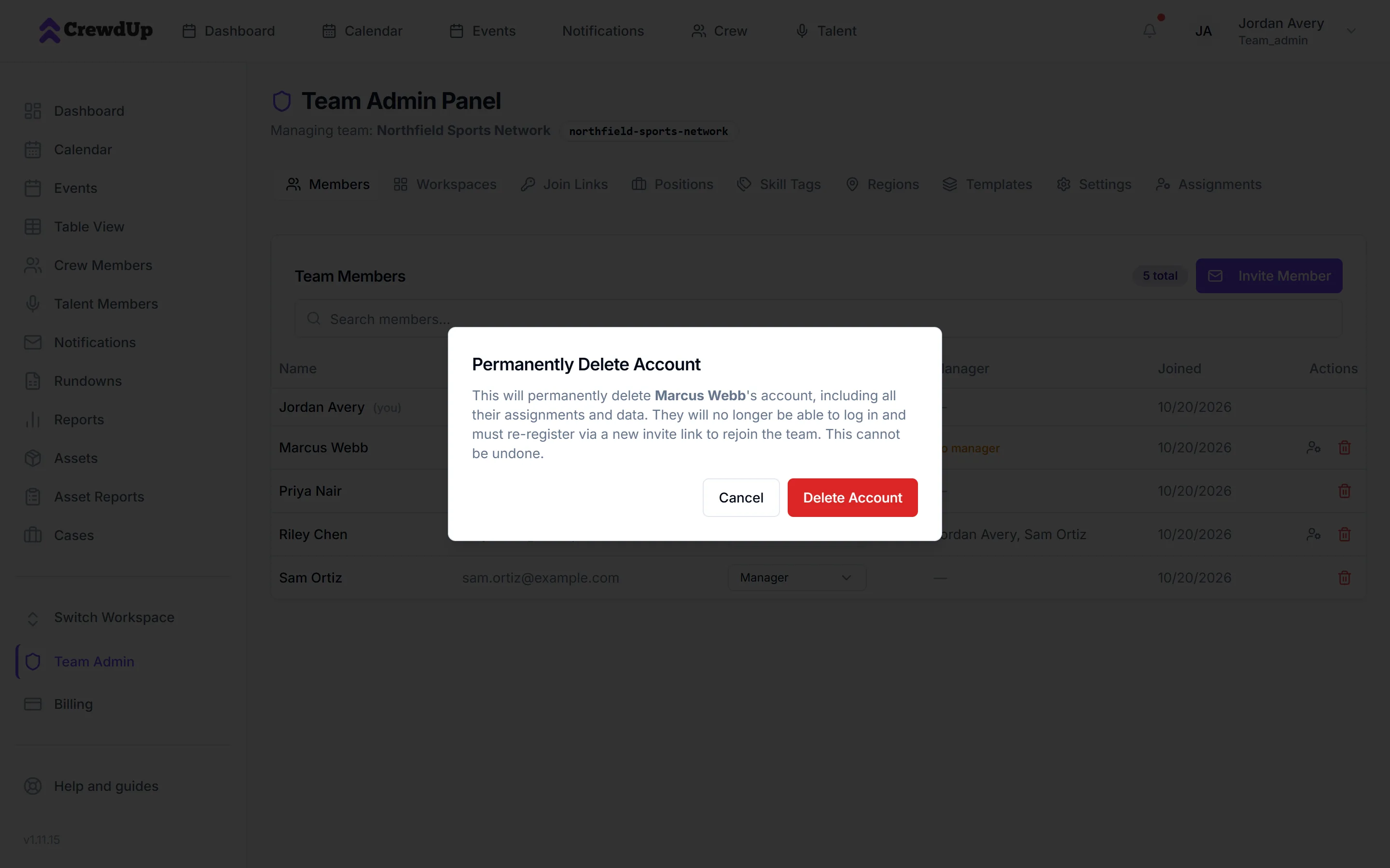 Permanently Delete Account dialog with Cancel and a red Delete Account button
