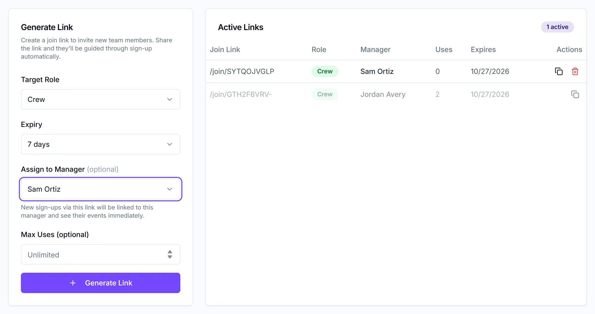 Join Links tab with a crew link set to 7 days for Sam Ortiz, and one active and one greyed-out link