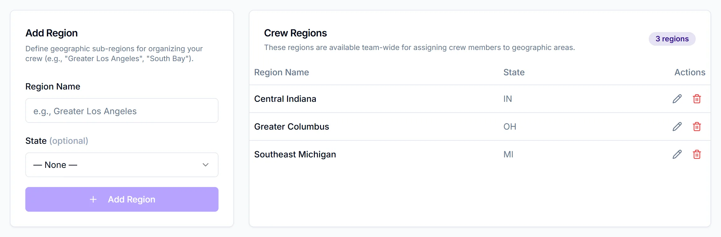 Regions tab with the Add Region card and three regions with their state codes