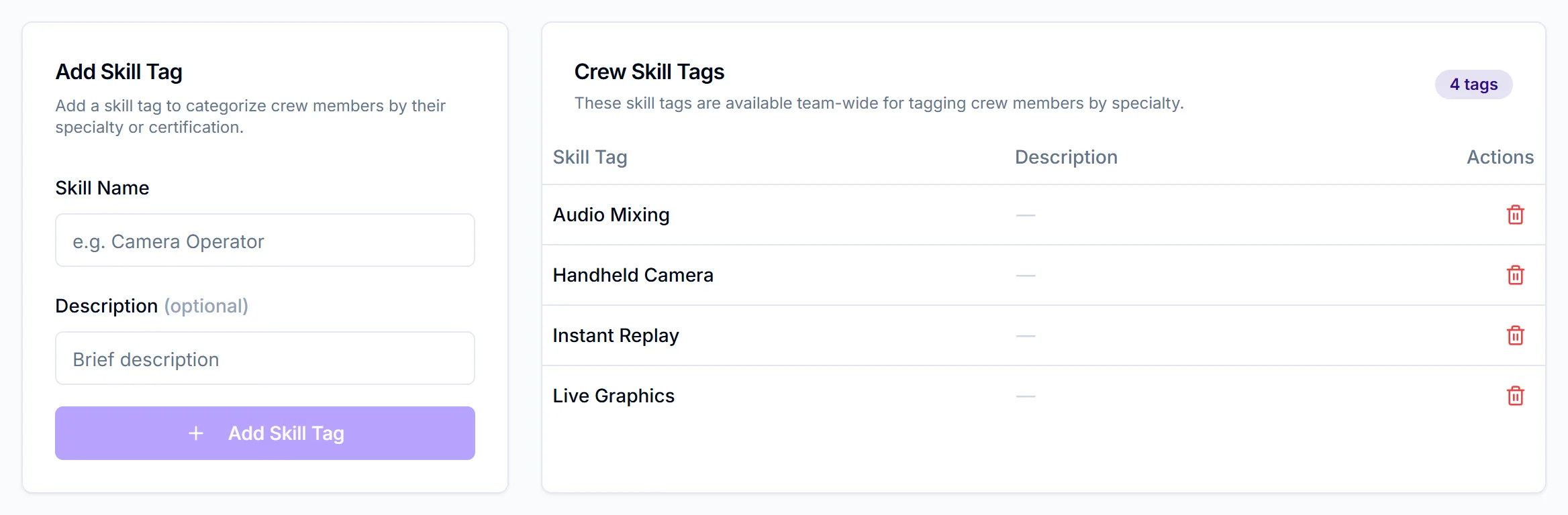 Skill Tags tab with the Add Skill Tag card and four crew skill tags