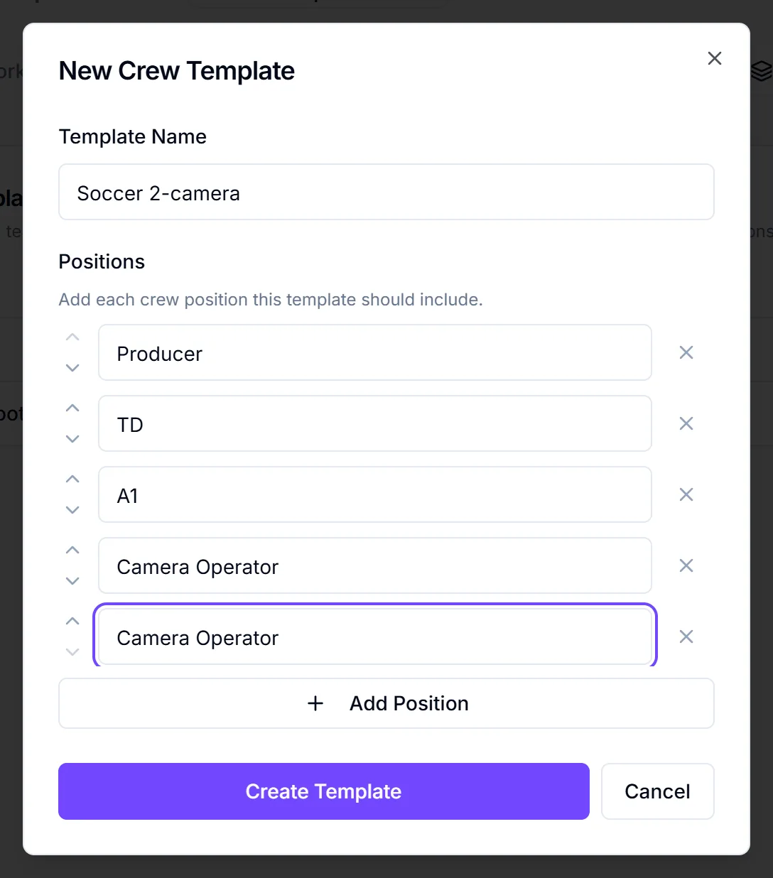 New Crew Template dialog with a template name and five position rows