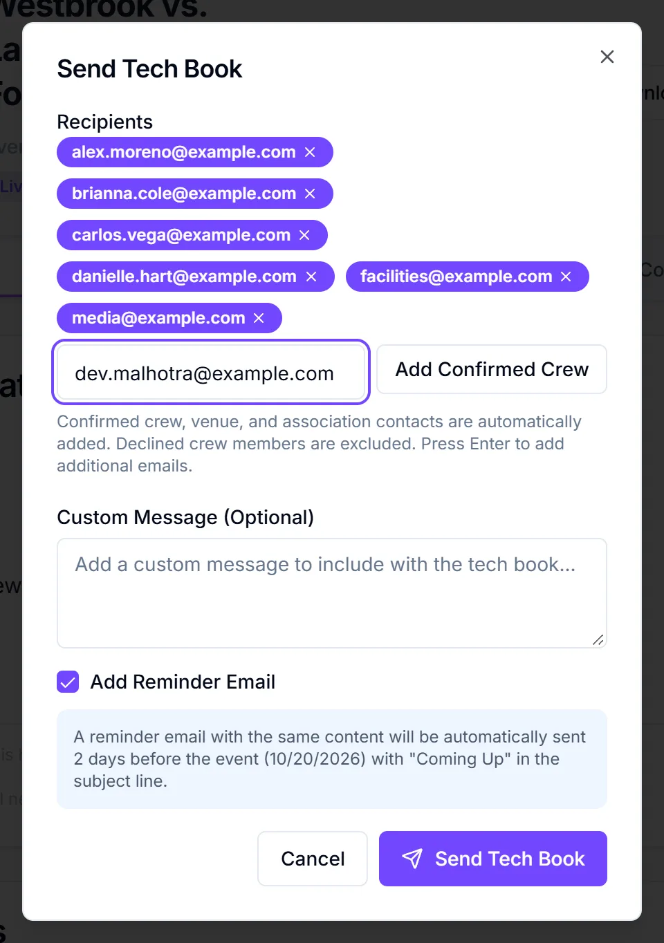 Send Tech Book dialog with crew and venue emails added, a talent email being typed and Add Reminder Email ticked