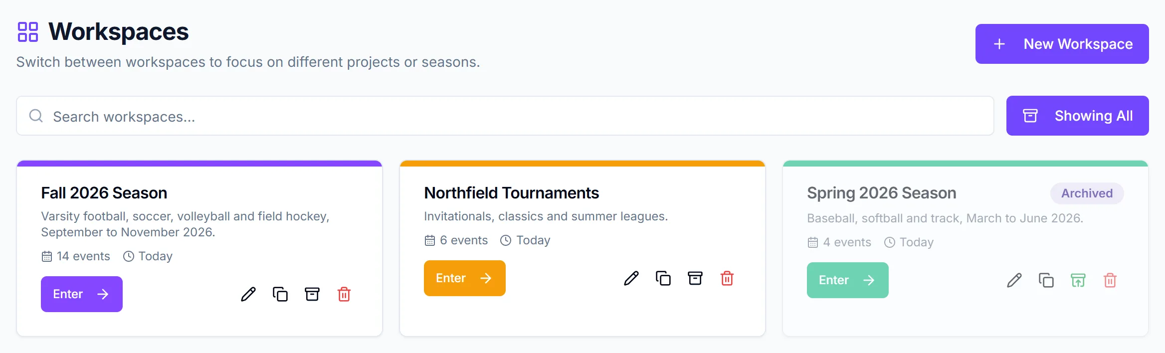 Workspaces page showing all workspaces, with the archived Spring 2026 Season card faded and marked Archived